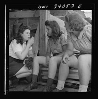 [Untitled photo, possibly related to: Turkey Pond, near Concord, New Hampshire. Women workers employed by U.S. Department of Agriculture timber salvage sawmill. A break in the work comes every once in a while when equipment needs minor repairs or adjustments. Left to right, Barbara and Norma Webber, and Ruth De Roche]. Sourced from the Library of Congress.