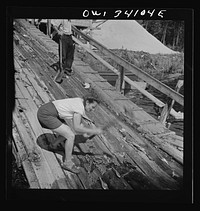 [Untitled photo, possibly related to: Turkey Pond, near Concord, New Hampshire. Women workers employed by a U.S. Department of Agriculture timber salvage sawmill. Mrs. Elizabeth Esty pounds hooks into the logs so they can be chained together and pulled up the slip]. Sourced from the Library of Congress.