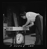 New Britain, Connecticut. Mrs. Dorothy Bell, Irish-German descent, twenty-seven years old, mother of two children, employed at the American Railway Company, sorting packages, weighting them, etc., earns seventy-nine and one- half cents an hour. Sourced from the Library of Congress.