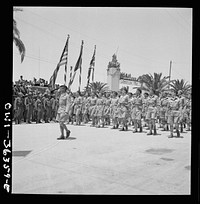 [Untitled photo, possibly related to: Tunis, Tunisia. French troops passing the reviewing stand in the Allied victory parade along Avenue Gambetta as American planes fly overhead in a show of Allied might]. Sourced from the Library of Congress.