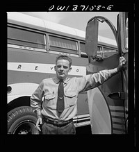 [Untitled photo, possibly related to: Pittsburgh, Pennsylvania. A bus driver for the Pennsylvania Greyhound Lines, Incorporated]. Sourced from the Library of Congress.