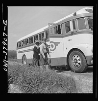A Greyhound bus trip from Louisville, Kentucky, to Memphis, Tennessee, and the terminals. Greyhound driver helping woman with her bag. From a nearby farm, she flagged the bus on the highway. Sourced from the Library of Congress.