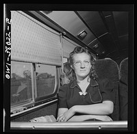 A Greyhound bus trip from Louisville, Kentucky, to Memphis, Tennessee, and the terminals. Girl returning to her home in Tennessee from Detroit where she went to look for a defense job. She was told she must have a release and came back. On a bus from Louisville to Nashville. Sourced from the Library of Congress.