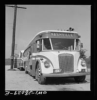 A Greyhound bus trip from Louisville, Kentucky, to Memphis, Tennessee, and the terminals. Louisville-Nashville bus at rest stop. Sourced from the Library of Congress.