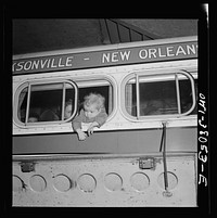 Bus trip from Knoxville, Tennessee to Washington, D.C. Bus passenger on a Tennessee Coach Company bus. Knoxville, Tennessee. Sourced from the Library of Congress.