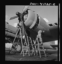 Boeing aircraft plant, Seattle, Washington. Production of B-17F (Flying Fortress) bombing planes. Lubricating and servicing a new B-17F (Flying Fortress) bombers. Sourced from the Library of Congress.