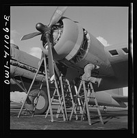 [Untitled photo, possibly related to: Boeing aircraft plant, Seattle, Washington. Production of B-17F (Flying Fortress) bombing planes. Lubricating and servicing a new B-17F (Flying Fortress) bombers.]. Sourced from the Library of Congress.