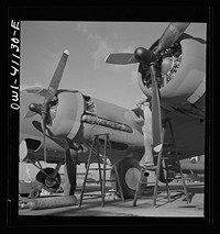Boeing aircraft plant, Seattle, Washington. Production of B-17F (Flying Fortress) bombing planes. Lubricating and servicing a new B-17F (Flying Fortress) bombers. Sourced from the Library of Congress.