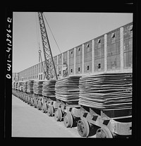 [Untitled photo, possibly related to: Phelps Dodge refining company, El Paso, Texas. Copper sheets on conveyors in the loading yards]. Sourced from the Library of Congress.