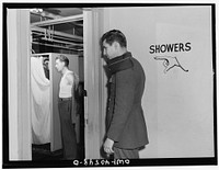 Washington, D.C. Without engaging a hotel room, traveling servicemen may take a shower, shave, and wash and iron clothes at the United Nations service center. Sourced from the Library of Congress.