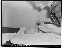 Washington, D.C. Lynn Massman, wife of a second class petty officer studying in Washington, D.C. giving eight weeks old Joey his daily bath. Sourced from the Library of Congress.