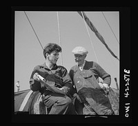 On board a fishing vessel out from Gloucester, Massachusetts. Looking over the record of the day's unloading of fish. Sourced from the Library of Congress.