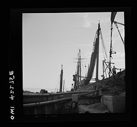 Gloucester, Massachusetts. The deck of a fishing boat drawn up alongside a weighing deck. Sourced from the Library of Congress.