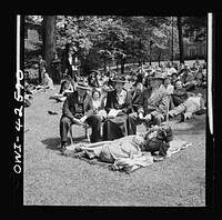 Bethlehem, Pennsylvania. Bach festival. People on the lawn outside Packer Memorial Chapel during an afternoon performance of the choir. Sourced from the Library of Congress.