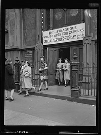 New York, New York. June 6, 1944. Leaving the synagogue on West Twenty-third Street after D-day services. Sourced from the Library of Congress.