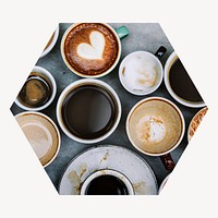 Coffee cups hexagon shape badge, drinks photo