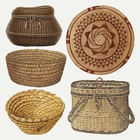 Wicker baskets vector design element set, remixed artworks by various artists