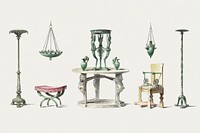 Antique furniture, vintage hand drawn object design element psd