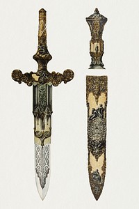 Ancient dagger illustration, melee weapon with sheath psd, remix from the artwork of Sir Matthew Digby Wyatt