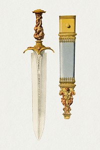 Ancient dagger illustration, melee weapon with sheath psd, remix from the artwork of Sir Matthew Digby Wyatt