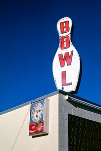 Liberty Lanes Bowling sign, Broadway and Russell, Missoula, Montana (1987) photography in high resolution by John Margolies. Original from the Library of Congress. Digitally enhanced by rawpixel.