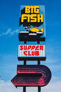Big Fish Supper Club sign, Schley, Minnesota (1980) photography in high resolution by John Margolies. Original from the Library of Congress. Digitally enhanced by rawpixel.