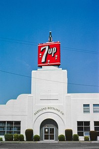 7-Up Bottling Company, straight-on vertical view, NE 14 & Sandy Boulevard, Portland, Oregon (1980) photography in high resolution by John Margolies. Original from the Library of Congress. Digitally enhanced by rawpixel.