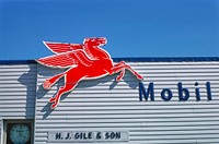 Gile & Son Mobil Gasoline sign, Main Street, Delhi, New York (1976) photography in high resolution by John Margolies. Original from the Library of Congress. Digitally enhanced by rawpixel.