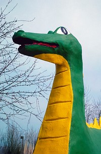 Dinosaur statue detail, Fantasy mini golf, Route 441, Pigeon Forge, Tennessee (1992) photography in high resolution by John Margolies. Original from the Library of Congress. Digitally enhanced by rawpixel.