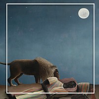 Frame famous night painting, lion and sleeping Gypsy, remixed from artworks by Henri Rousseau