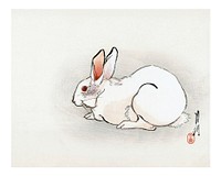 Rabbit art print, vintage animal woodblock print illustration, remixed from artworks by Ogata Gekko
