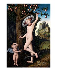 Lucas Cranach art print, vintage cupid complaining to Venus, Renaissance painting