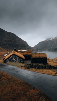 iPhone wallpaper background, Nordic cabins during autumn in Saksun village, Denmark