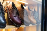 Men's leather shoes on display at a shop men's wear
