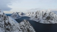 Winter desktop wallpaper background, snowy mountain and ocean