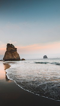 Ocean mobile wallpaper background, Cathedral Cove in sunset, New Zealand