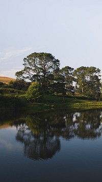 Nature mobile wallpaper background, green trees by a lake