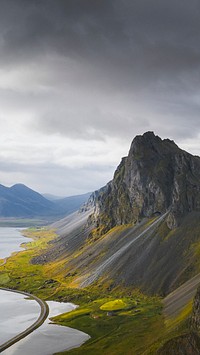 Mountain mobile wallpaper background, misty Iceland's south shore