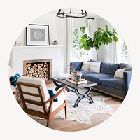 Cozy living room circle shape badge, interior photo
