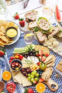 Summer picnic with cheese board and sandwiches
