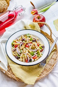Macaroni pasta salad with feta and olives, healthy Greek summer dish