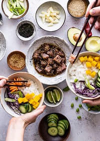 Hawaiian ahi tuna with vegetables flat lay photography