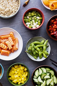 Salmon with vegetables flat lay photography