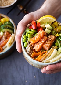 Salmon with vegetables on rice photography