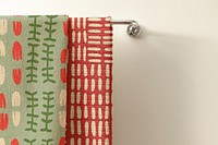 Vintage ethnic pattern towels, green and red with design space