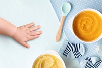 Healthy baby food puree background with design space