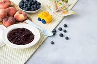 Baby food background, blueberry puree healthy recipe