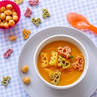 Carrot soup, pasta animals, healthy food for kids