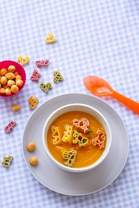 Carrot soup, pasta animals, healthy food for kids