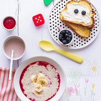 Cute kids breakfast, toast cream cheese and blueberries